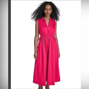 Calvin Klein Pink Sleeveless Drawstring Cotton Midi Dress Pockets Size 16 NWT